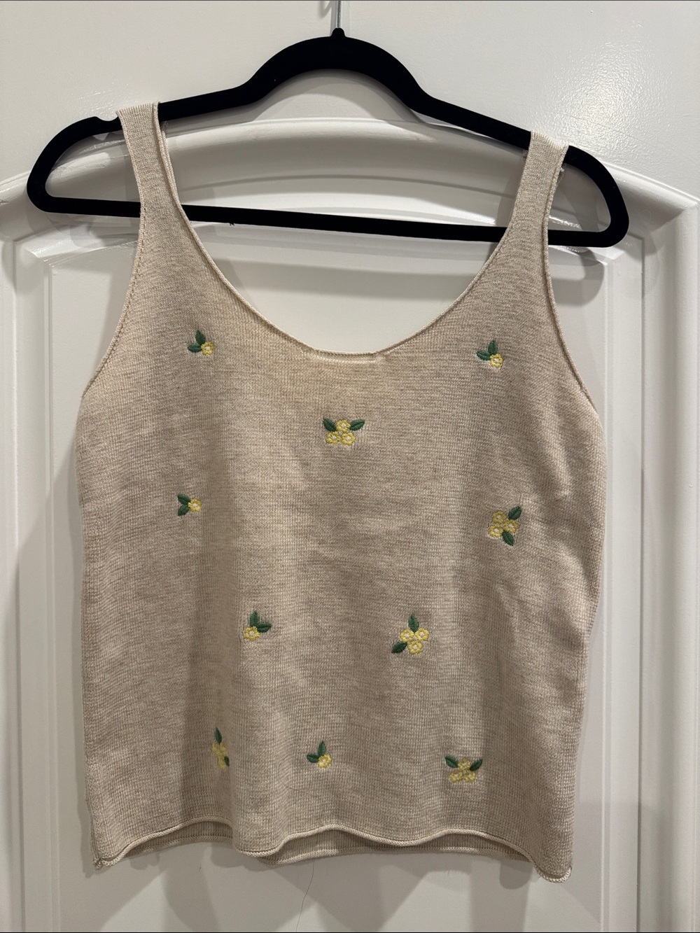 Love bonito Women’s Cream Sleeveless Knit Tank with Yellow Floral Embroidery
